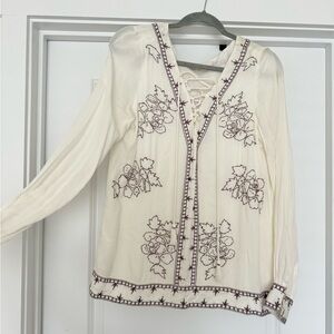 Idyllwind by Miranda Lambert Embroidered Lace-Up V-Neck Long Sleeve Top - Cream